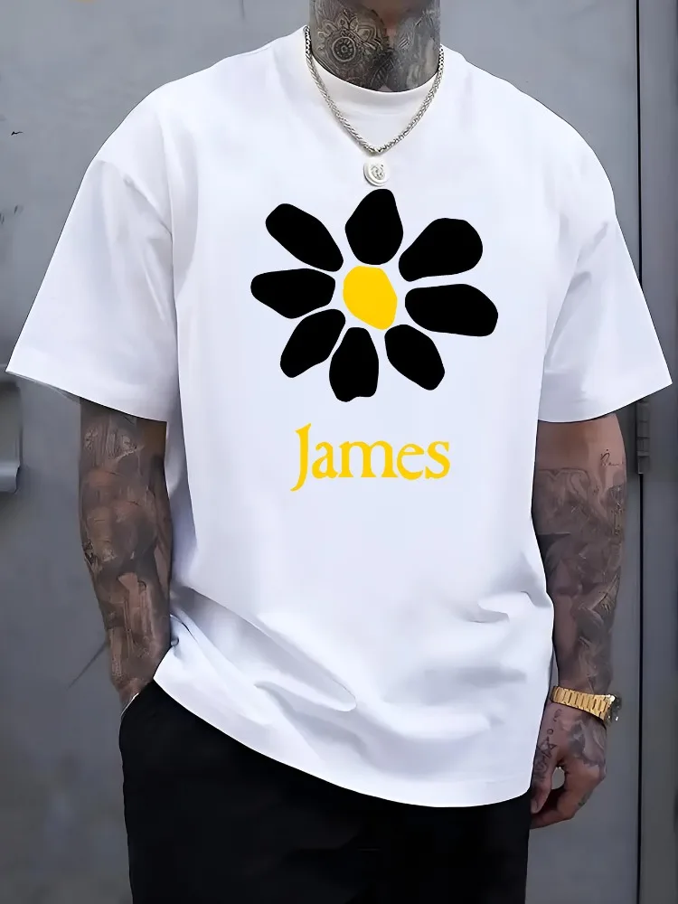 Mens Soft Cotton Tee Simple White Daisy Flower Custom Name James Print Casual Personalized Short Sleeve Gift Top For Daily Wear
