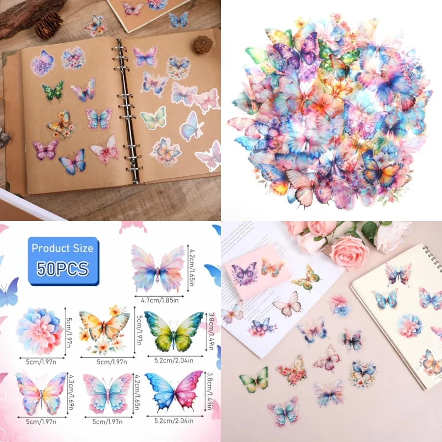 

50 PCS Butterfly Stickers Transparent Water Proof Stickers Realistic Transparent Sticker Colorful Pet Lovely Sticker for Teens