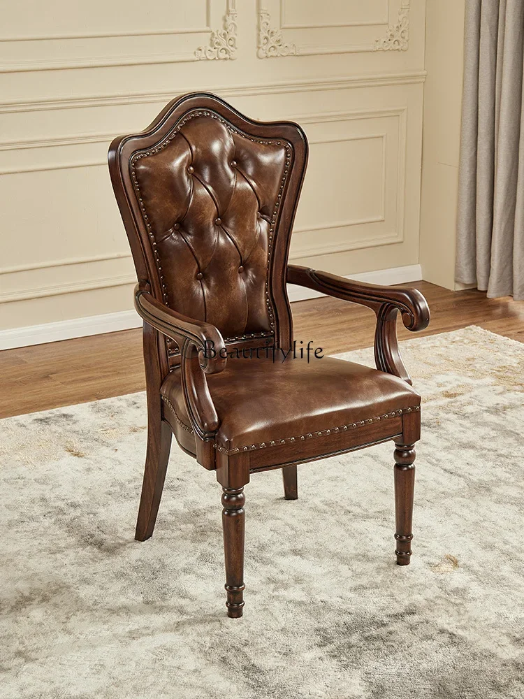 

02-American solid wood chair leather seat cushion study with backrest with armrest book chair