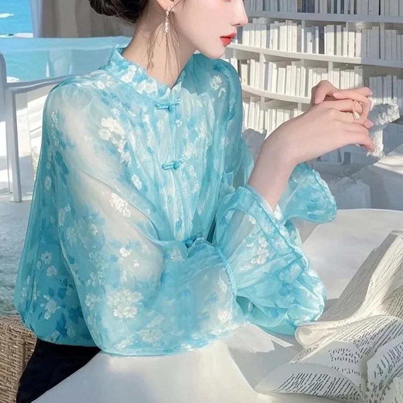 

Female Chinese Style Floral Chiffon Blouse Spring Summer New Temperament Buttons Flare Sleeve Sunscreen Shirt Printing Top Tee