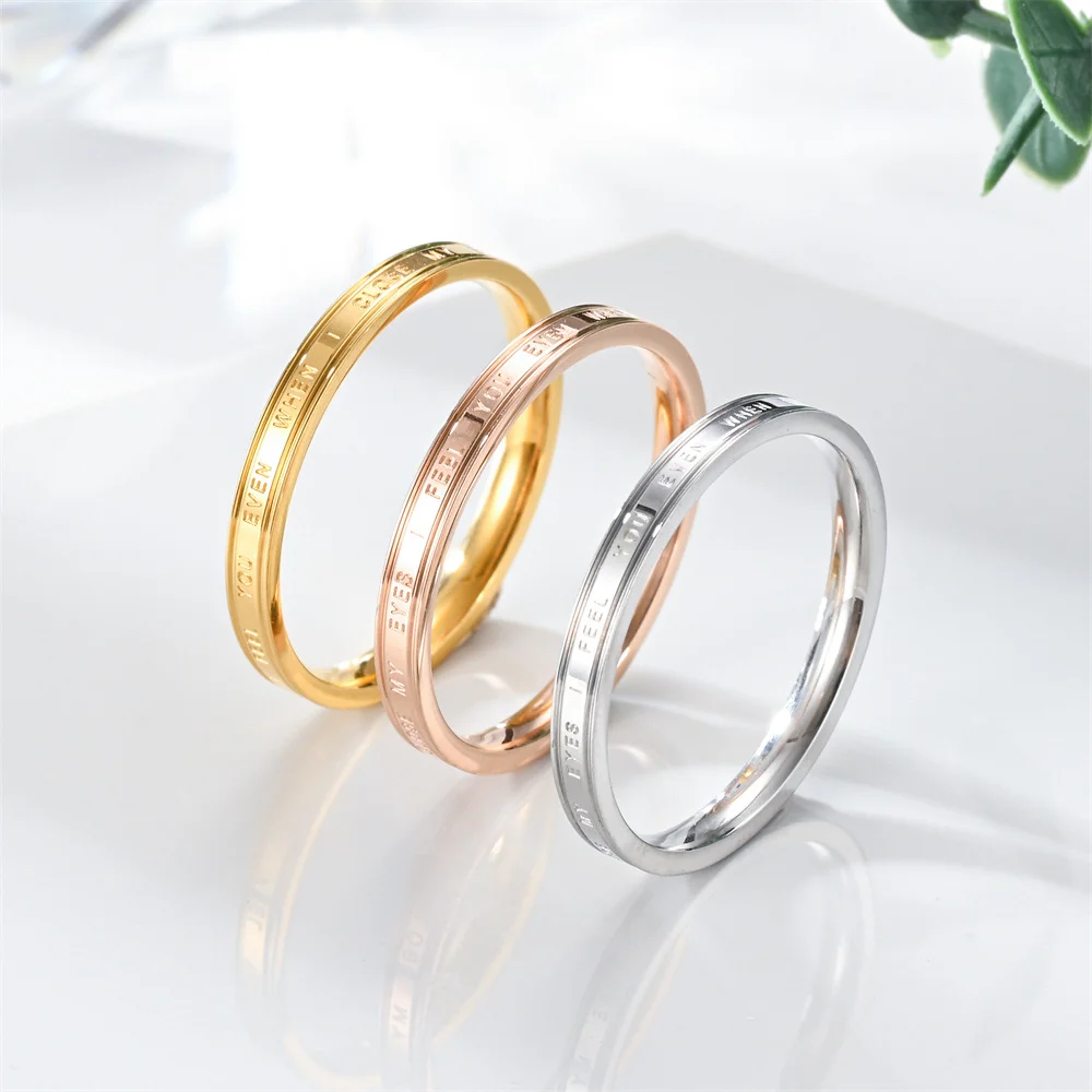 

Couple Promise Ring Engraved I FEEL YOU EVEN WHEN I CLOSE MY EYES Thin Band Stainless Steel Stackable Ring Romantic Jewelry Gift