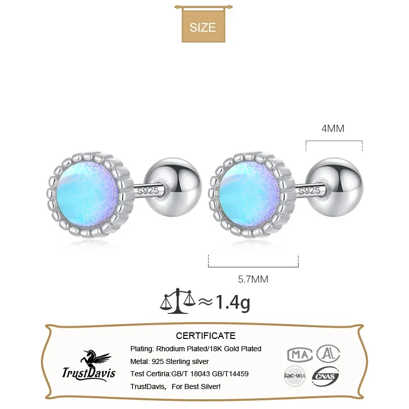 TrustDavis Real 925 Sterling Silver Sweet Round Moonstone Screw Earrings For Women Children Baby Girls Minimalist Jewelry DB1428