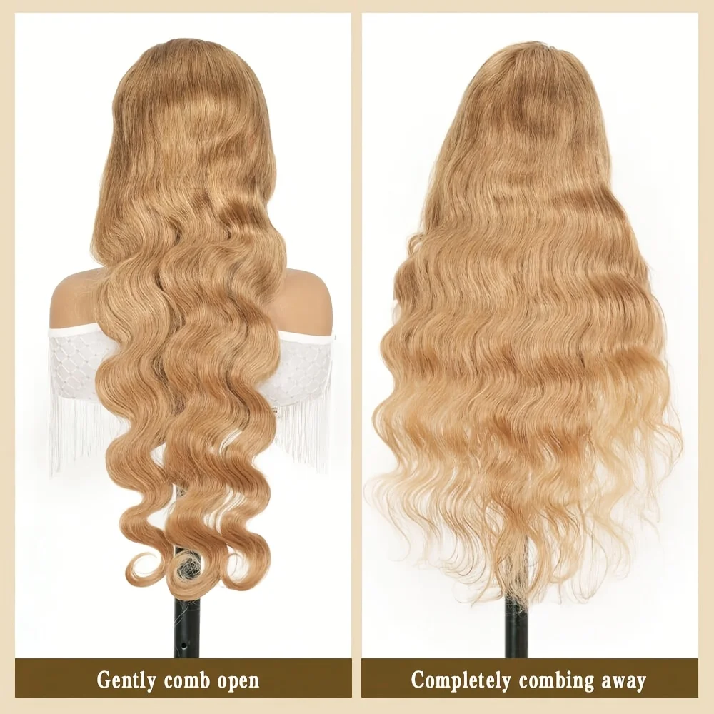 13X4 Honey Blonde Lace Front Wig Made from Human Hair, Featuring a Blonde Lace Frontal Design for Women. This Pre-Plucked Wig Comes in a 27# Color with a Body Wave Style