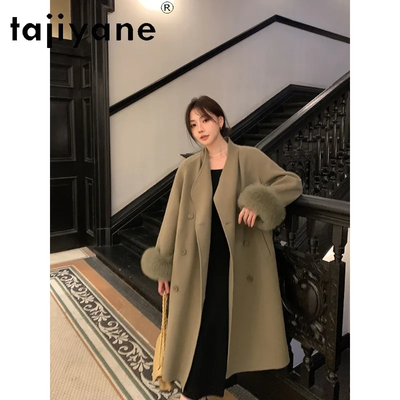 TAJIYANE 100% Sheep Wool Coat Woman Long Coats for Women Clothing Winter Coat Elegant Fox Fur Cuffs Outerwears Jackets Пальто