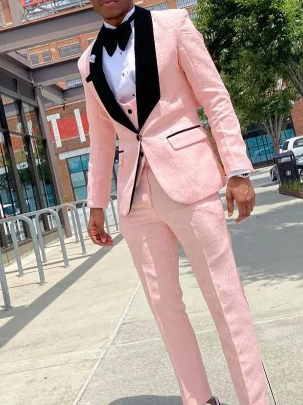 

Pink Butterfly Fabric Young Men Suits for Prom Party Blazer Jacket Tuxedos Student Graduation Suit 3 PCS Coat+Vest+Pant