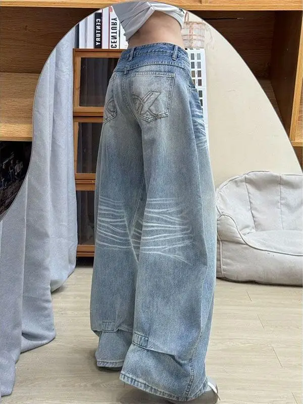 

Широкие джинсы с низкой талией, американские джинсы, женские свободные брюки прямого кроя, осенние новые утягивающие брюки с вышивкой на талии