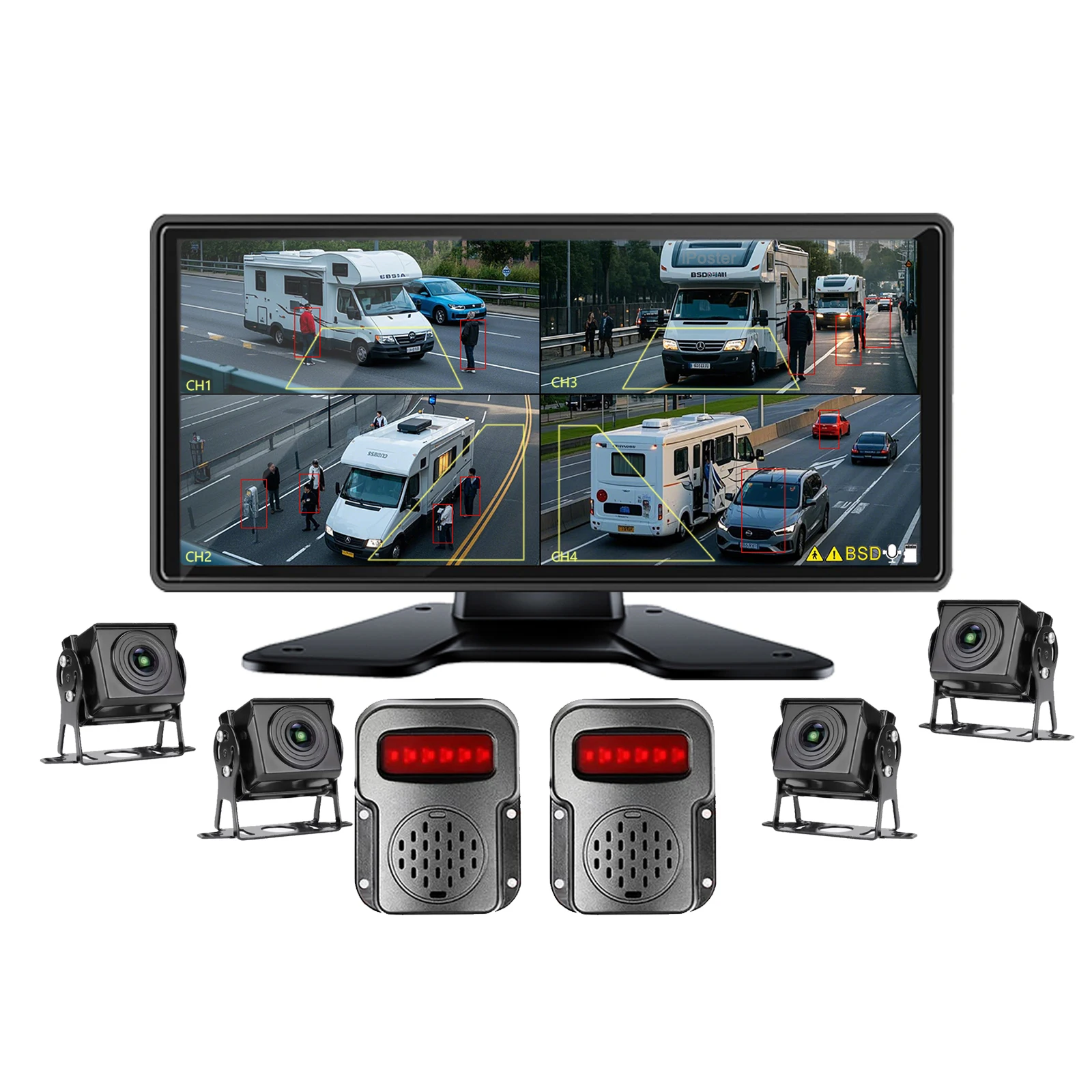 

iPoster 10.36" Touch Screen BSD Alarm 4ch DVR Monitor 4x IR AI Detection AHD 1080P Front Side Rear View Cameras For Caravan Rv