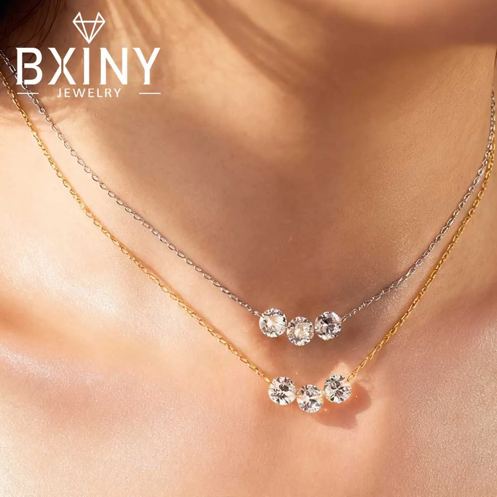 

BXINY 4-6mm High Carbon Diamond Pendants 3-Stone Necklace 925 Sterling Silver Sparkling Zircon Neck Chain for Women Fine Jewelry