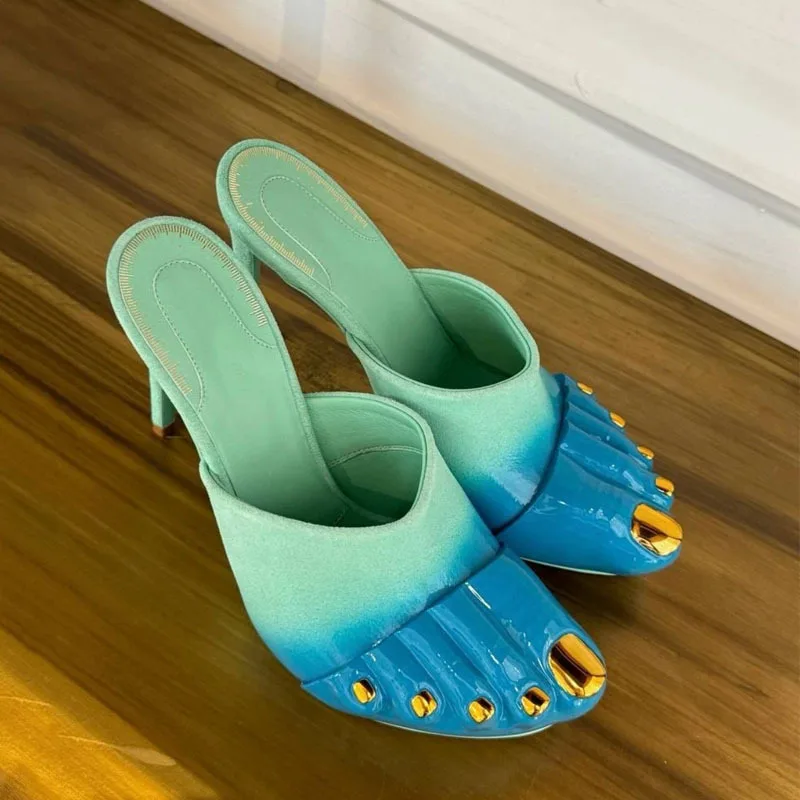 

Golden Five Fingers Mules Women’s Slippers Blue Green Mixed Colors Leather Sandals Female 35-42 Size High Heels Fashion Designer