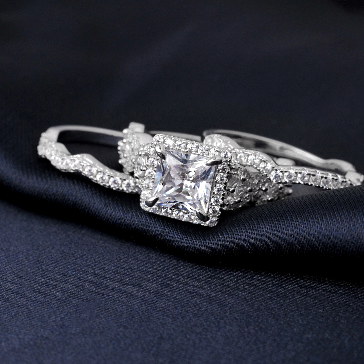 Potiy 3-częściowy zestaw pierścionków zaręczynowych i ślubnych z srebra próby 925 dla kobiet, 2.9ct, szlif princess, AAAAAA CZ, modna biżuteria — zdjęcie 4