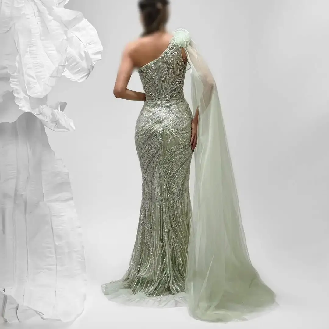 Ofherown Abiti da sera con volant monospalla a sirena di lusso con maniche a mantella verde salvia Abiti da festa di nozze Taglie forti personalizzati