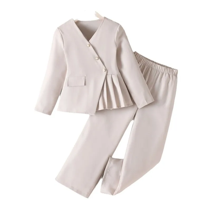 Girls' Two-Piece Set: Off-White Asymmetrical Jacket with Slanted Collar and Long Pants, Children's Autumn Pants Suit