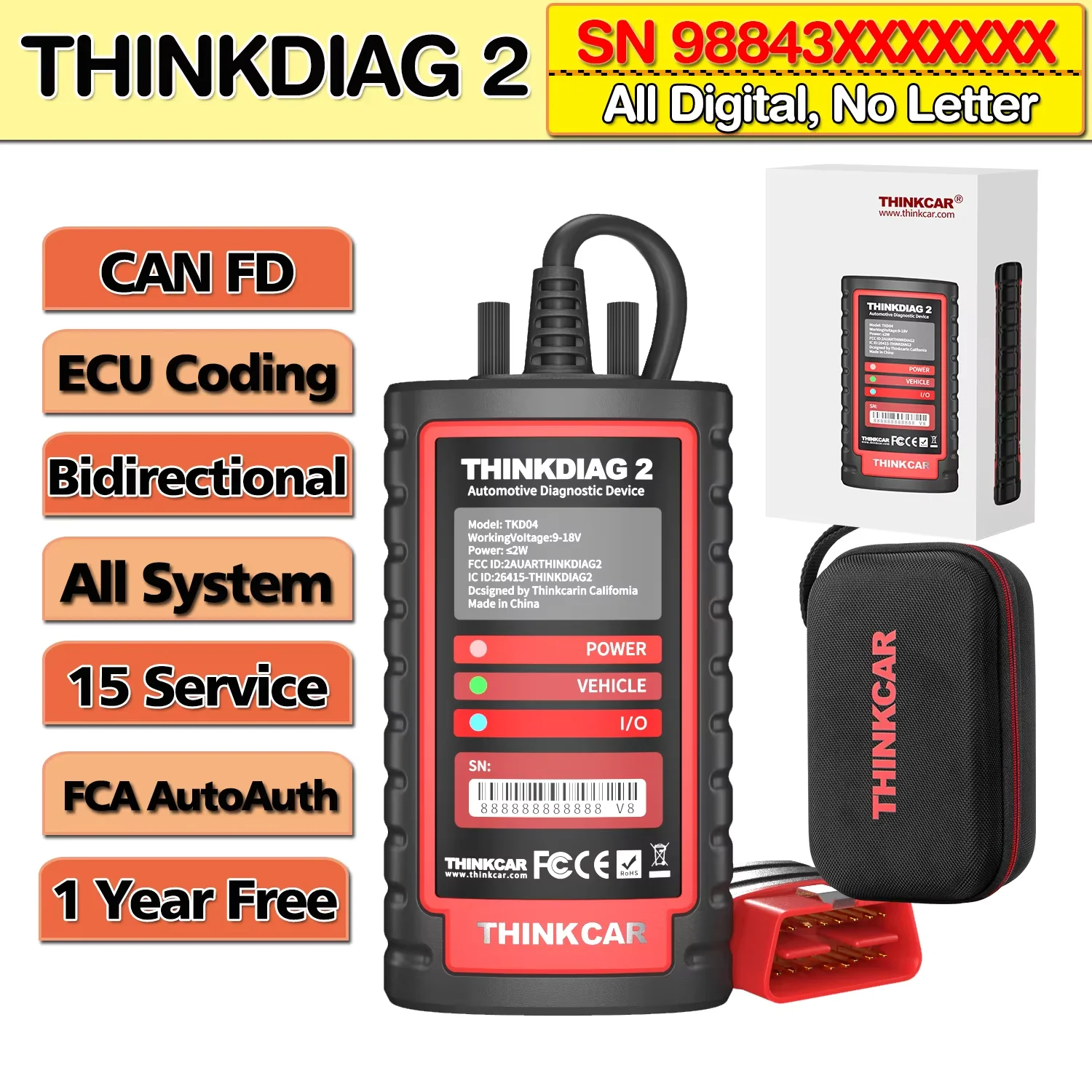 Thinkdiag 2 Alle systeembidirectionele bediening OBD2-diagnosescanner voor iOS en Android AutoVIN Actieve test 15+ resetfuncties
