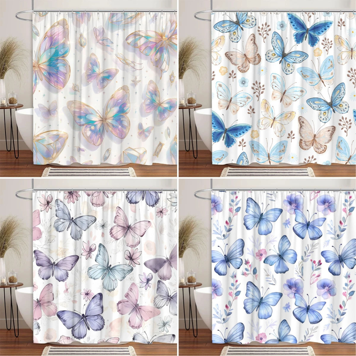 Butterfly Shower Curtain Watercolor Flower Farm Botanical Modern Elegant Fashion Home Polyester Fabric Bathroom Decor Curtains