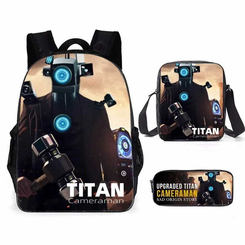 Set tas sekolah Toilet Skibidi, ransel kasual untuk anak laki-laki dan anak-anak, motif kamera Titan, 3 buah