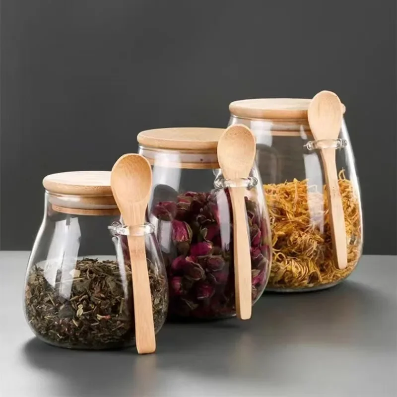 Large Capacity Transparent Glass Miscellaneous Grain Snack Storage Sealed Jar With Spoon Lid Tea Jar Storage Jar