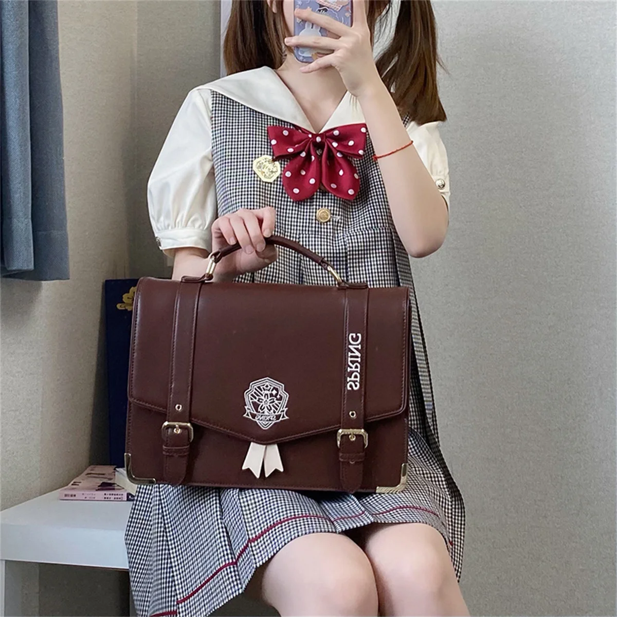 Japanese Cute College Style Sweet Girls Cosplay Jk Uniform Bag Printing Letters Cherry Blossoms Badge Backpack Crossbody Handbag