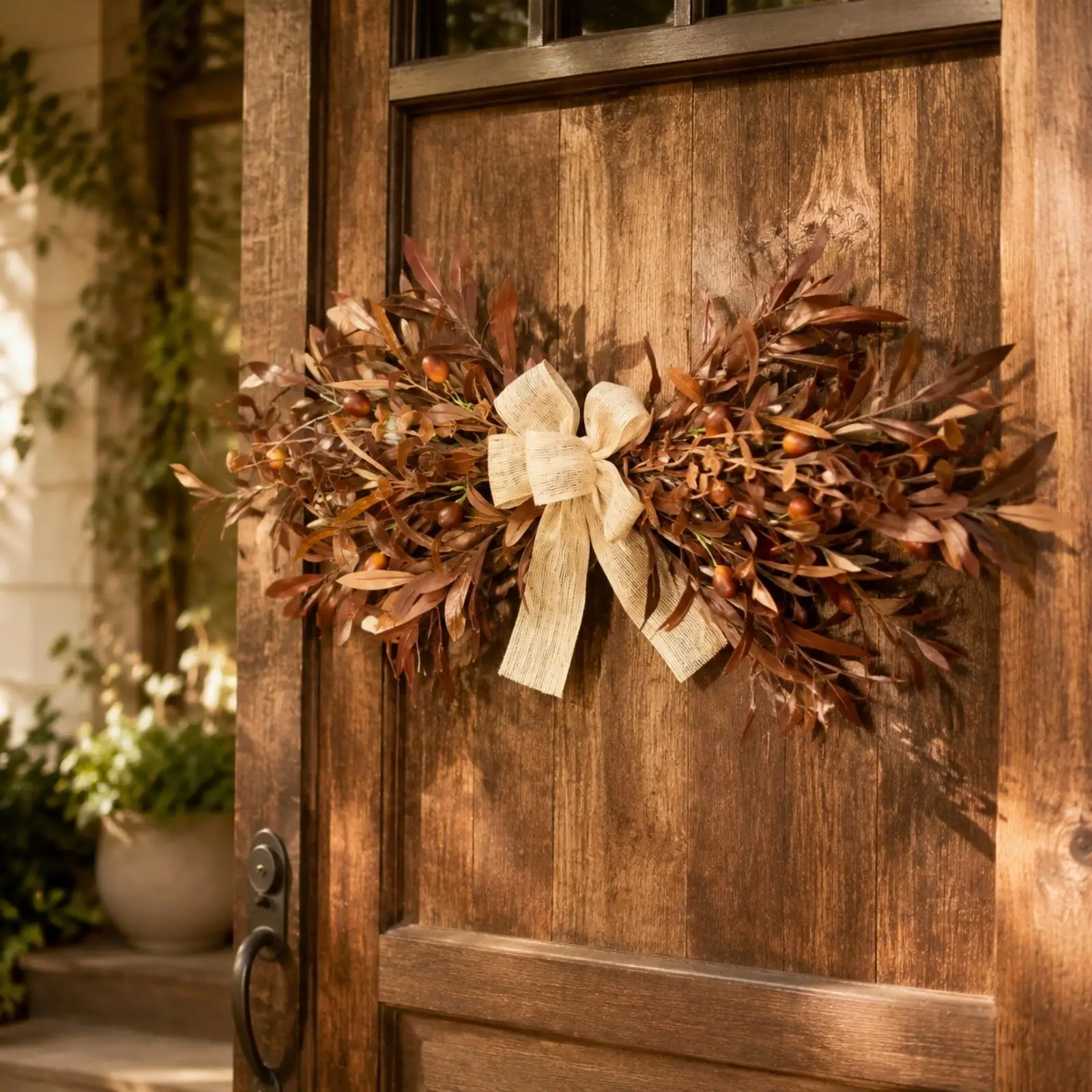 Plastic Olive Fruit Wreath Hanging Decoration for Door Wall Fall Seasonal Artificial Leaf Branch Garland for Home Entryway