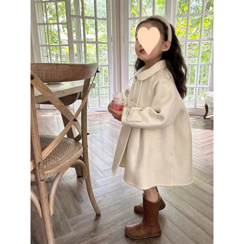 Children's autumn and winter new double-sided tweed coat for baby girls with extra thick lapel wool coat