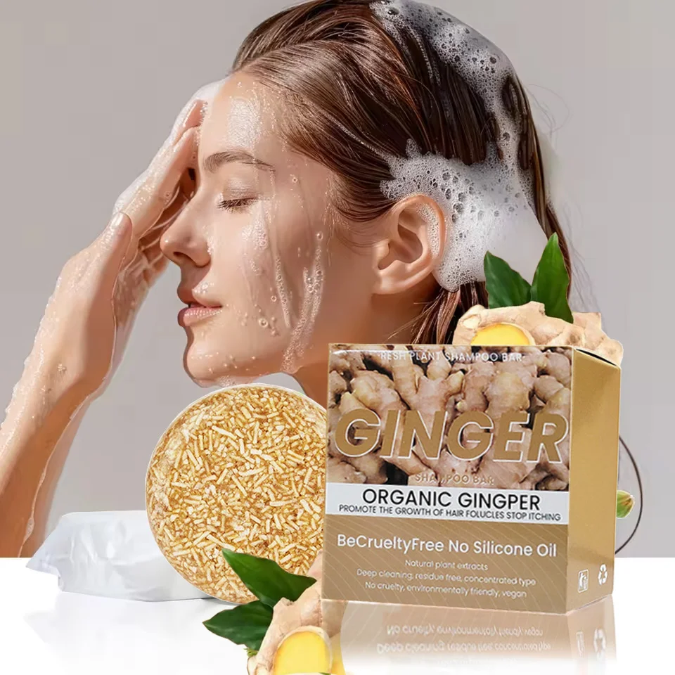 Natürliches Ingwer-Shampoo mit fester Seife. Reinigt das Haar der Kopfhaut. Reines Pflanzenshampoo fördert das Haarwachstum. Reduziert Haarausfall. Haarpflege