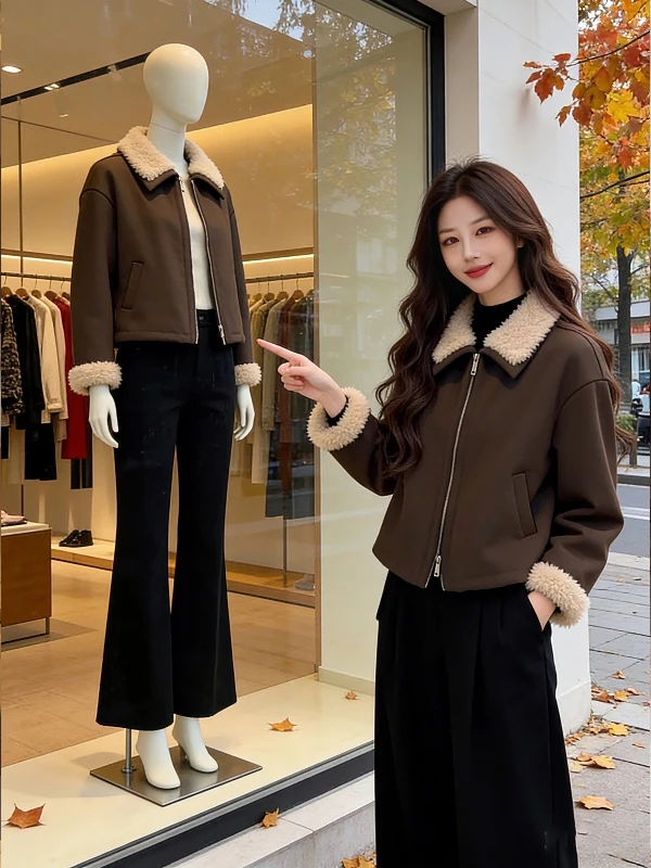 Retro sle ort algodão jaet casaco de camurça de pele de cordeiro feminino corte reto commute amigável cor pura sem chapéu