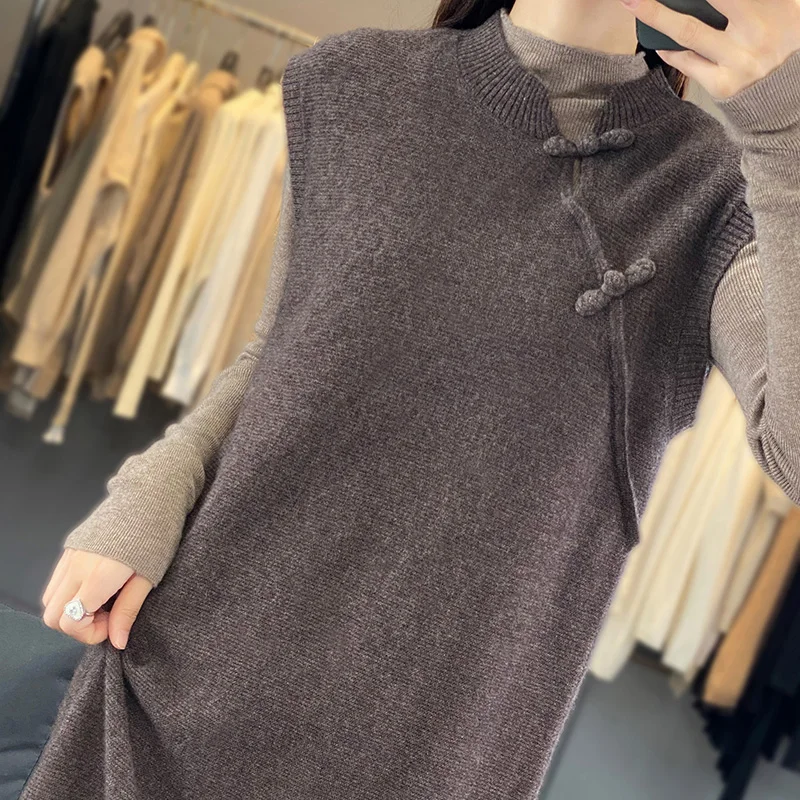 Long Wool Knitted Bottoming Shirt, Sleeveless Vest, Round Neck, Buckle, Autumn and Winter, 100%, New