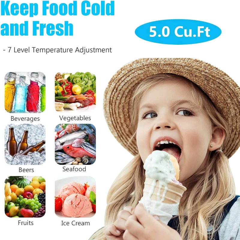 5.0 قدم مكعب، فريزر عميق للصدر، مجمدات مدمجة مع ترموستات قابل للتعديل، تبريد ضاغط الباب المفتوح