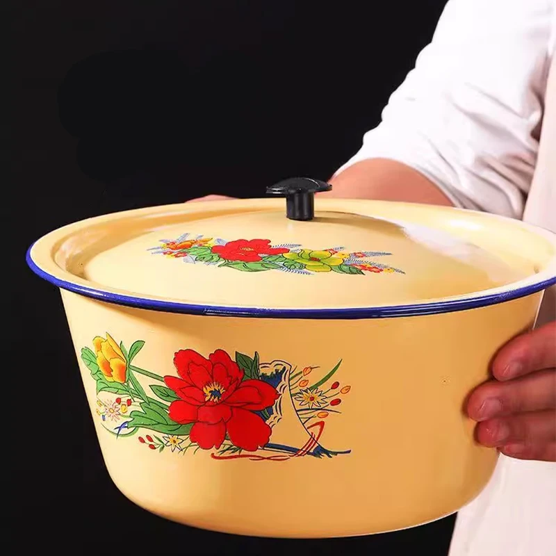 Enamel Mixing Bowl With Lid Retro Vintage Enamel Bowl Vegetable Container Pot Enamel Ware Enamels Soup Basin Container for Rice