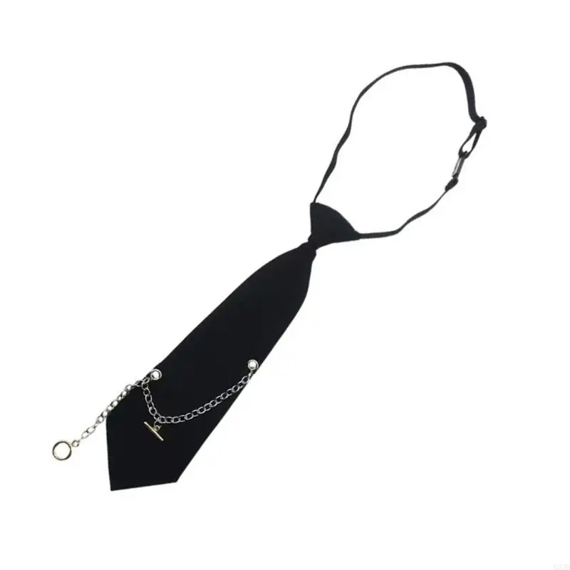 K92D Harajuku Punk Black Neck Tie with Metal Chain Japanese Vintage Pre Tied Necktie Neckwear for Women Men Student Uniform