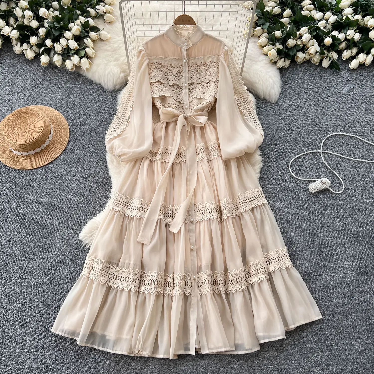 Élégant évider Organza longues robes Maxi chemise femmes printemps été couche à volants manches longues perle soirée robes