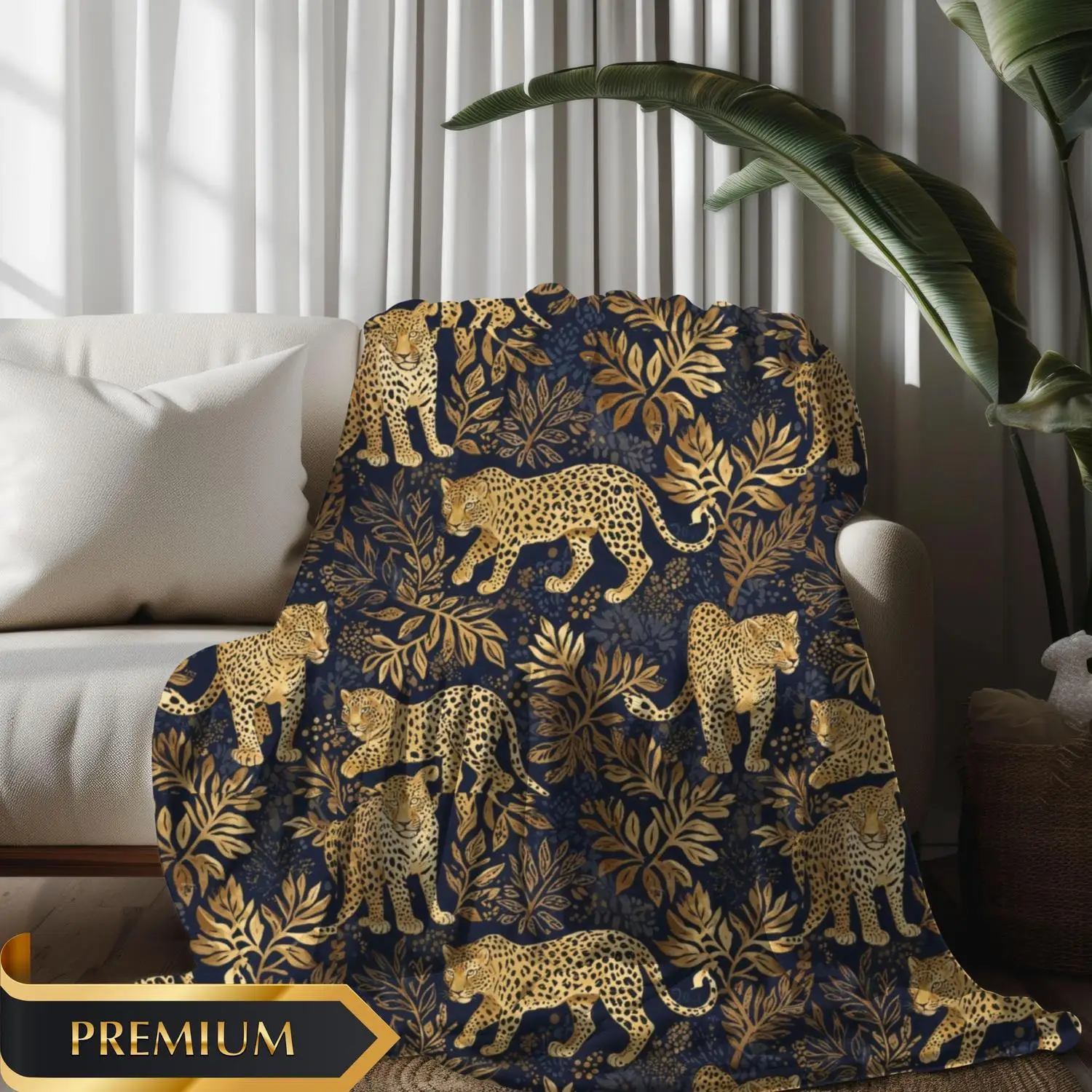 [Flannel Blanket] Luxurious Blue and Gold Leopard Print Blanket, Wild and Uninhibited Blanket, Stylish Jungle Decor, Exotic Wild Cat Design, Elegant Gold Foil Leopard Print Blanket Gift