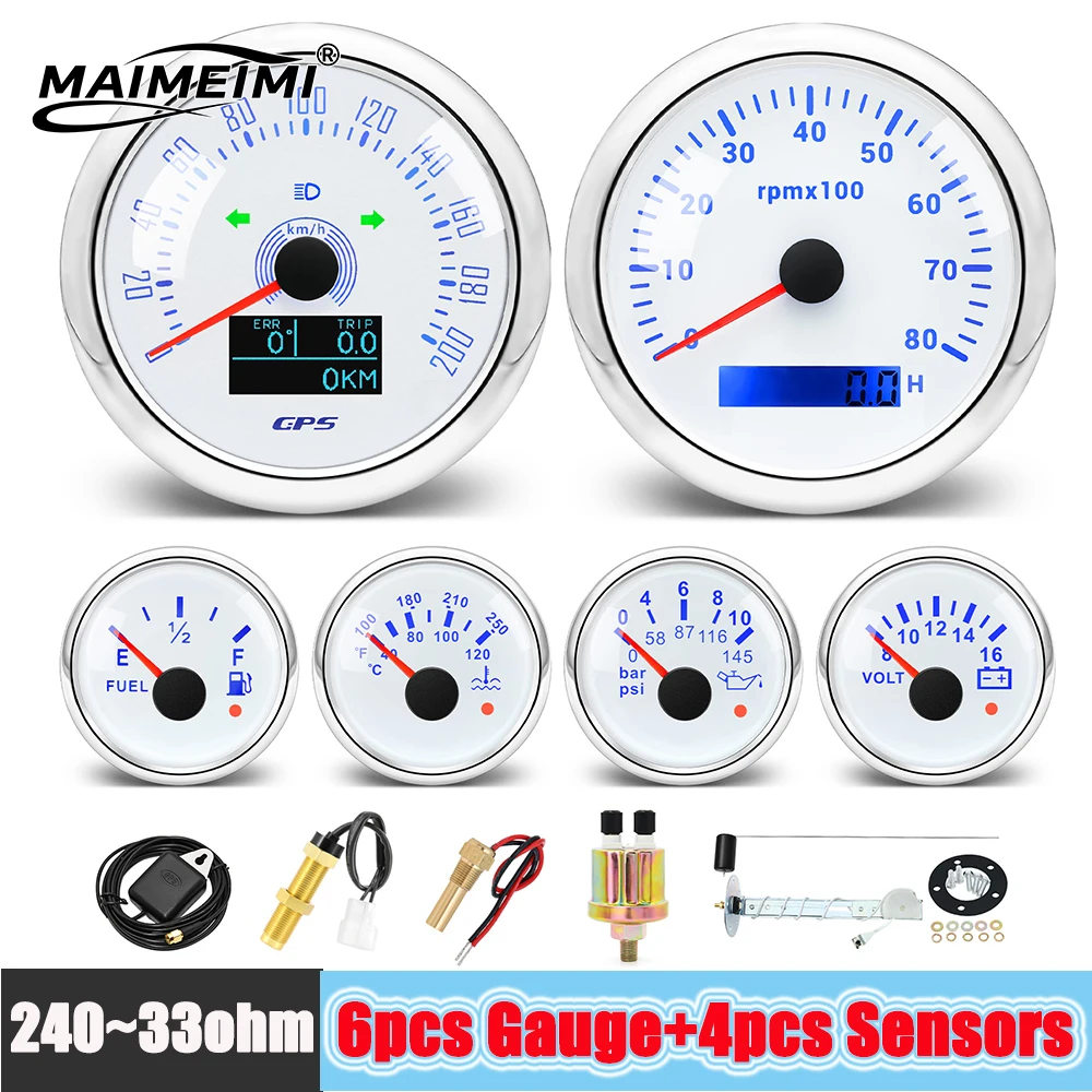 

6 Gauge Set 85mm Tachomter GPS Speedometer 2inch Water Temp Oil Press Volt Fuel Gauge 240~33ohm for Car Boat 12V24V Waterproof
