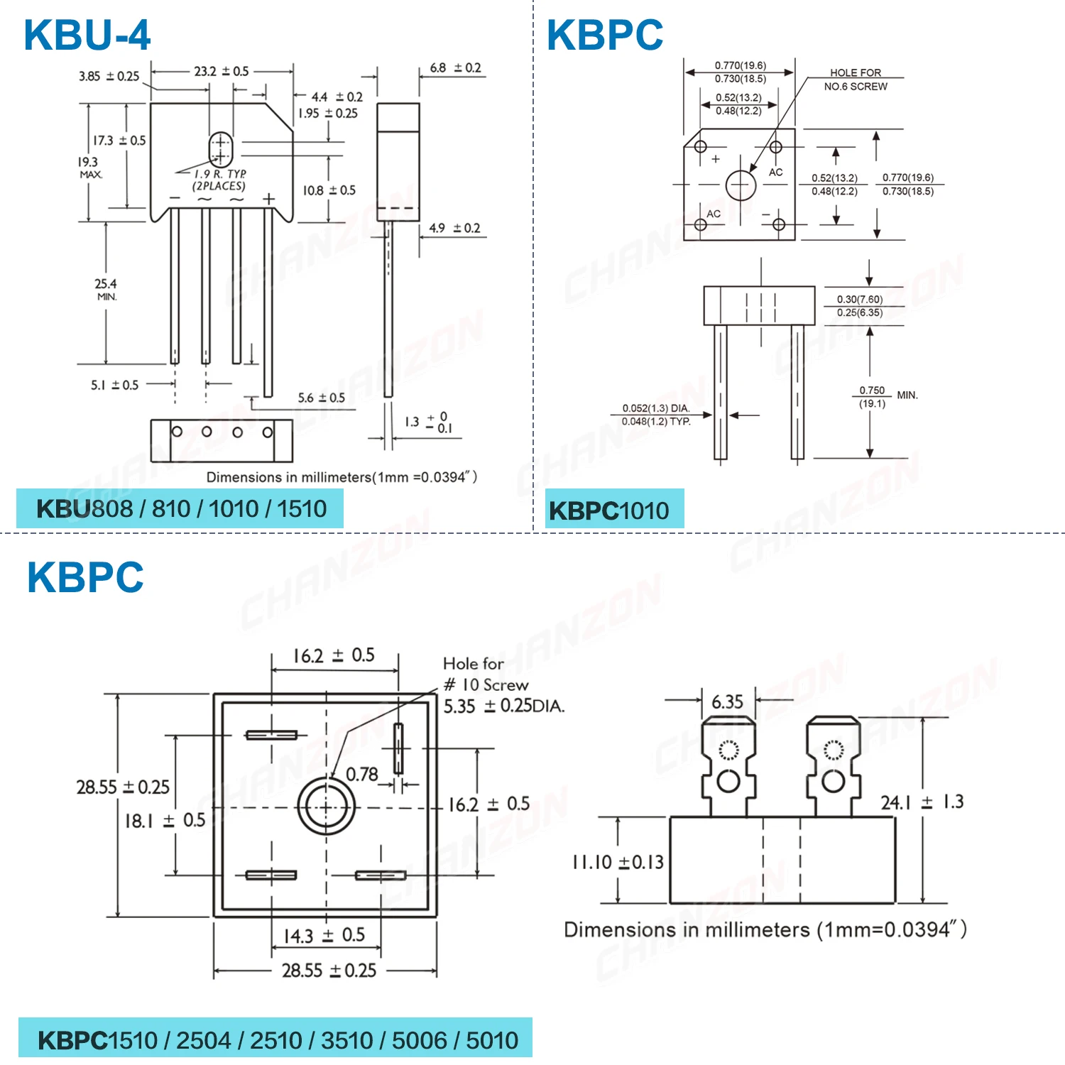 KBU808 KBU810 KBU1010 KBU1510 KBPC1010 KBPC1510 KBPC2504 KBPC2510 KBPC3510 KBPC5006 KBPC5010 Diode Bridge Rectifier High Power