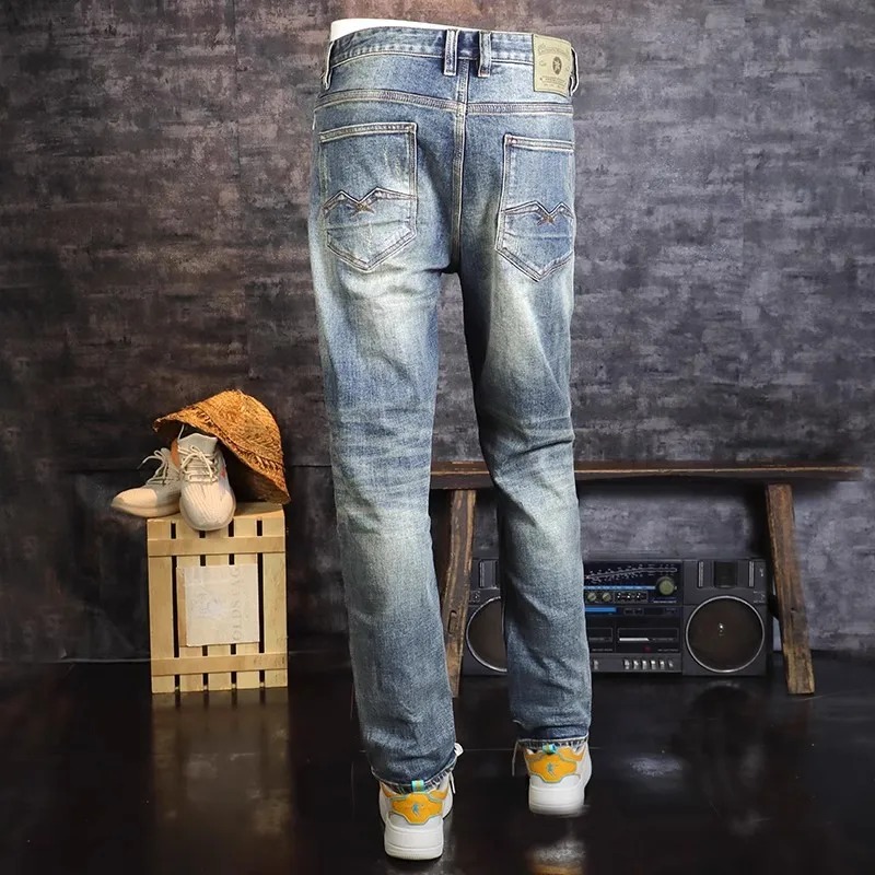 Italian Style Fashion Men Jeans Retro Washed Blue Elastic Slim Fit Ripped Jeans Men High Quality Vintage Designer Denim Pants