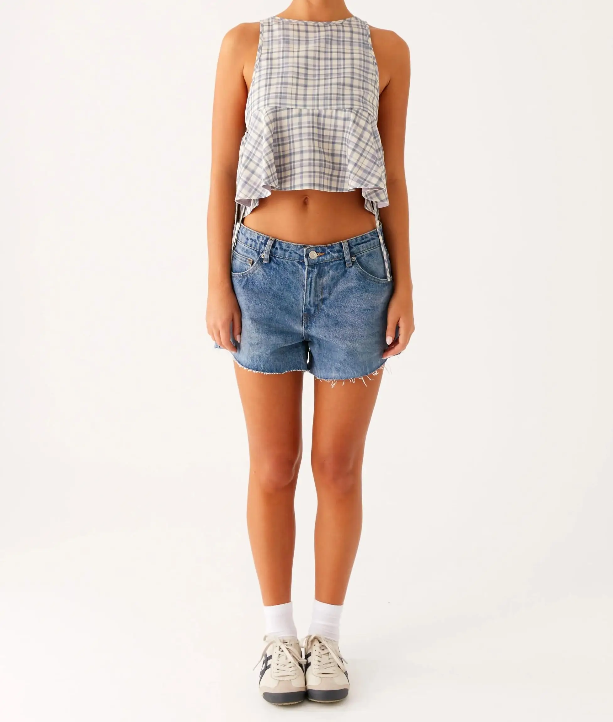 New Fashion Womens Summer Plaid Print Vest Sleeveless Round Neck Trendy Side Tie Up Tank Tops Club Street Style S M L