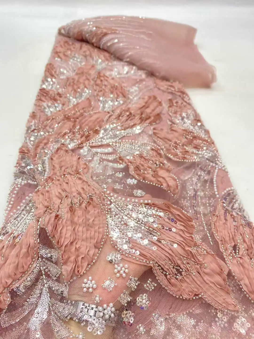 5 jardów afrykańskiej koronki, wysokiej jakości francuska koronka z haftem 3D, cekinami, koralikami i tiulem, idealna na sukienki imprezowe, rok 2025.