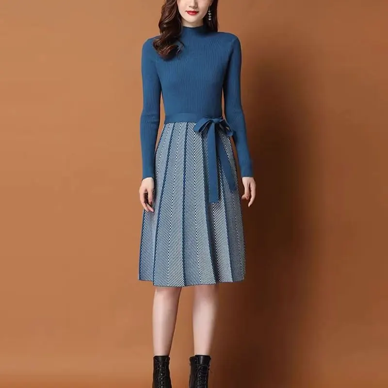 

Vintage Knitted Spliced Midi Dress Autumn Winter Half High Collar Women's Clothing Basic A-Line Fashion Bandage Knitted Dresses