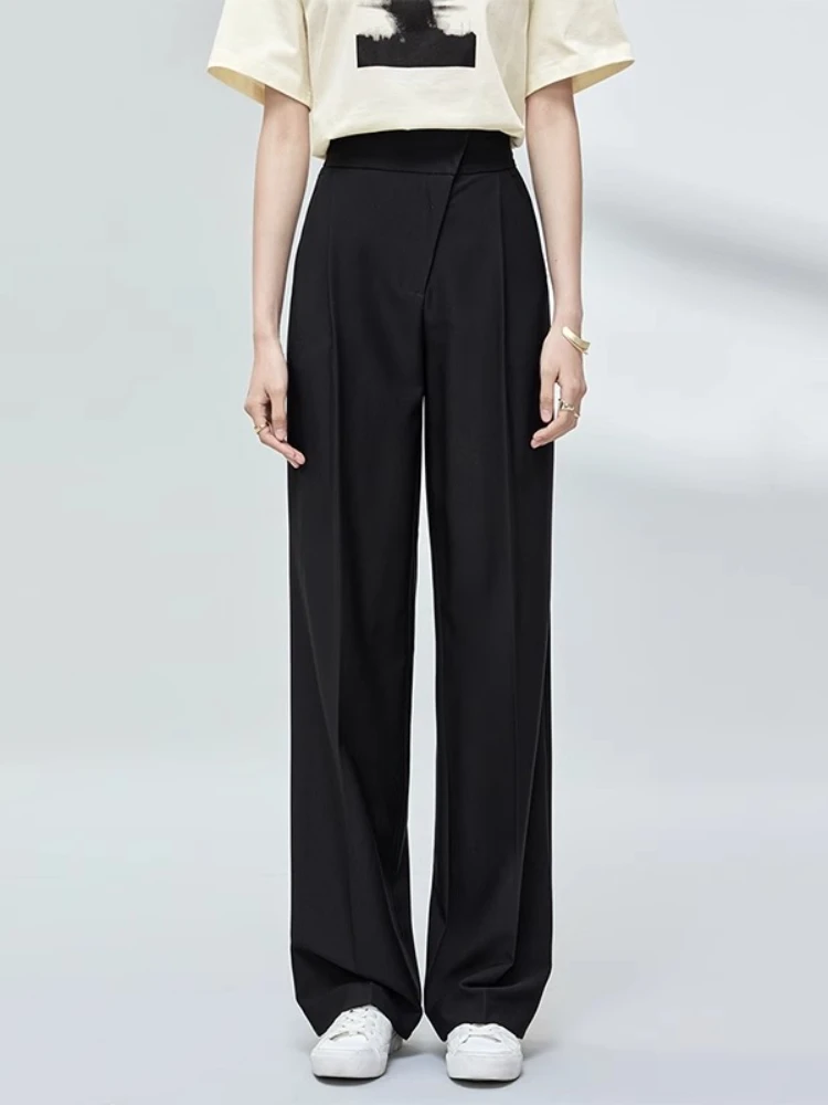 Sentubila Black Suit Pants For Women's Autumn High-waisted Straight Wide-leg Casual Pleated Tailored Trousers Design M32K48616