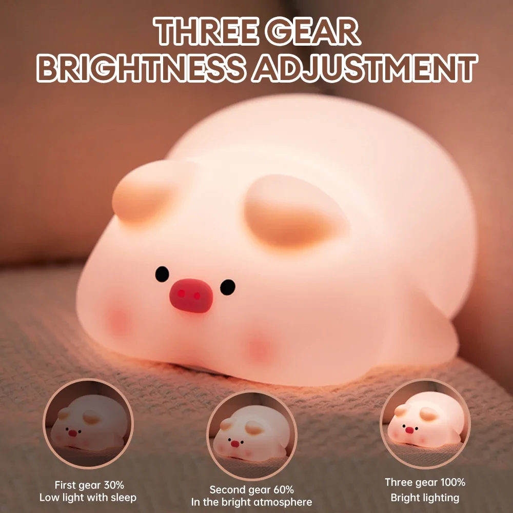 Piggy Rabbit Night Light Silicone Lamp Touch Sensor Night Lamp USB Timing Children Kids Bedside Bedroom Decor Birthday Gift