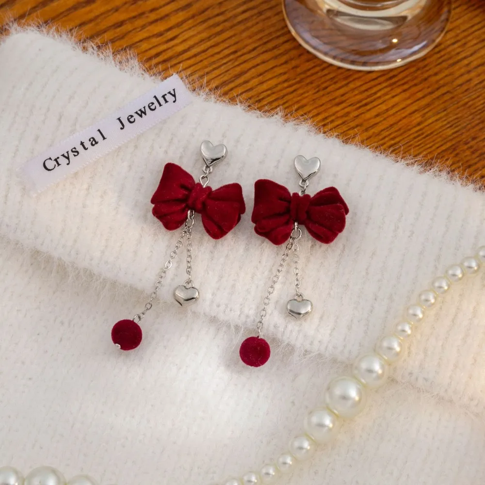 Bowknot Bow Drop Earrings Jewelry Accessories Black Red Bowknot Ear Pendant Flocking Love Heart Bow Dangle Earrings Party