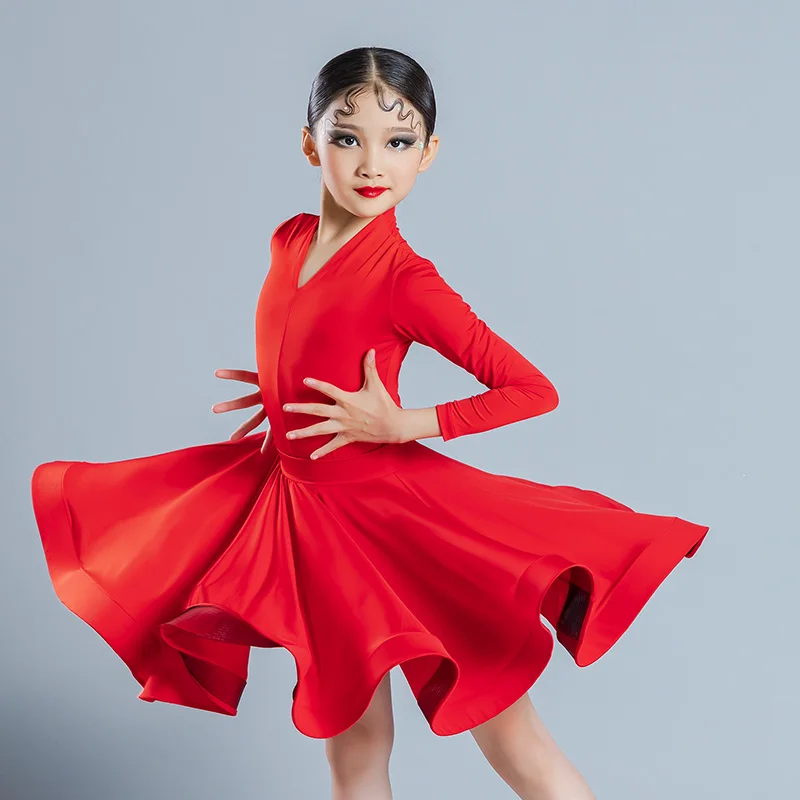 

Girls Latin Dance Dress Professional Competition Clothing Long Sleeves Fluorescence Color Dress Cha Cha Rumba Dancewear