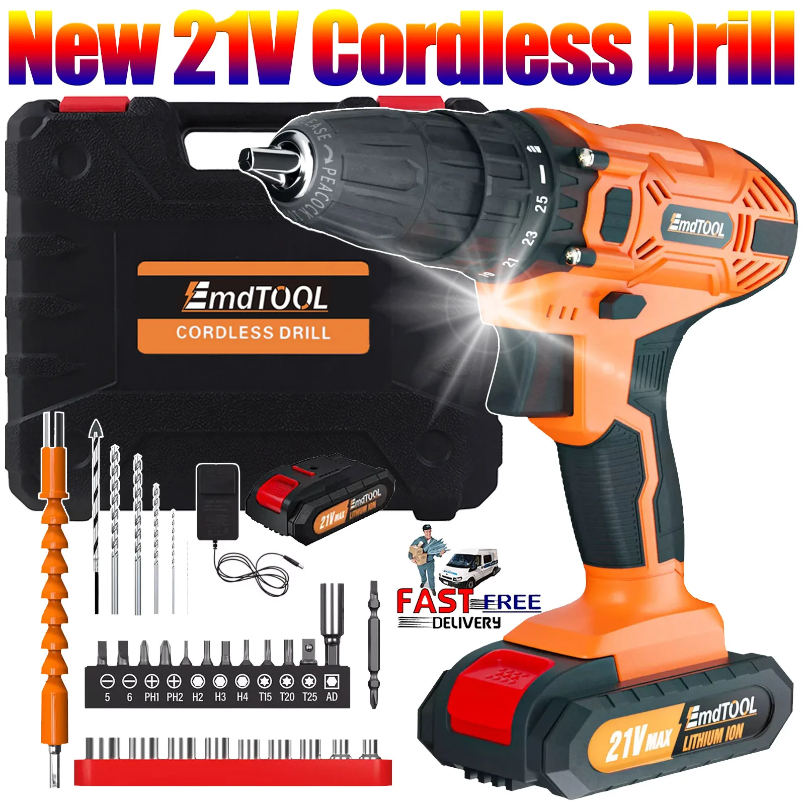 

EMDTOOL 21V Cordless Drill Driver 3/8" Electric Cordless Screwdriver 25 Torque +1 with 1500mAh Battery 2 Speeds 32CS Accessories