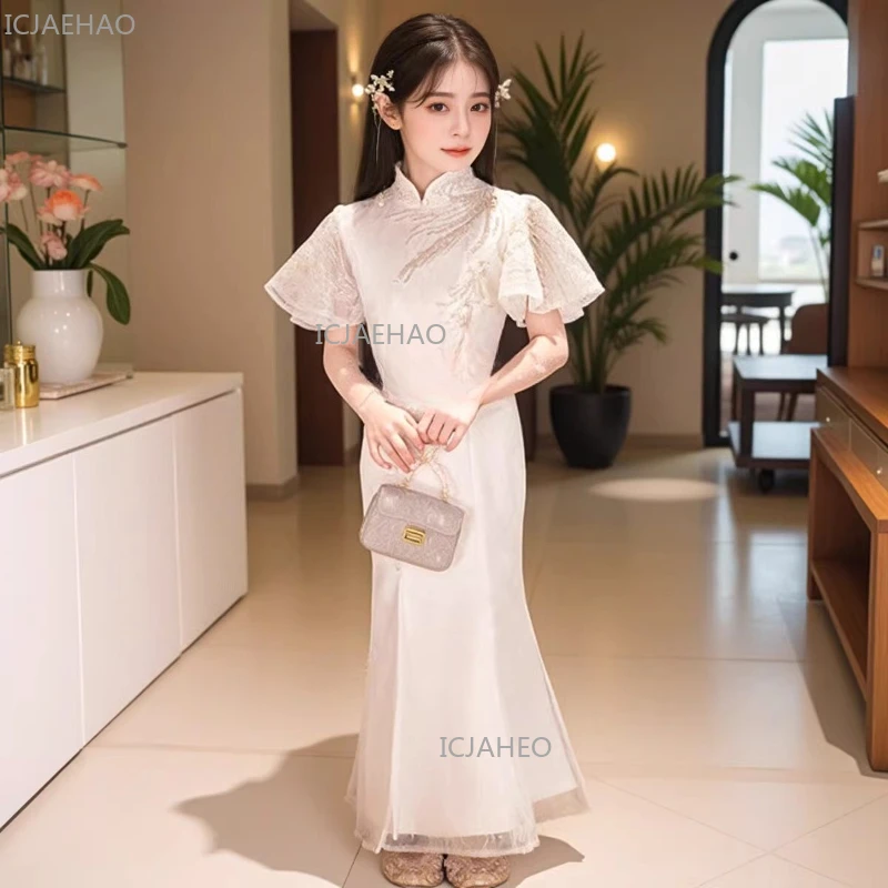 

Белое платье-ципао для девочек, детское платье для выступлений, праздничный костюм в китайском стиле, наряд принцессы