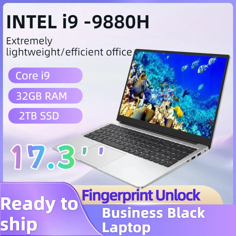 Hot 17.3' Notebook Intel i9 9880H 32GB 2TB Windows Large Screen Fingerprint Unlock Office Gaming Laptop Computer PC