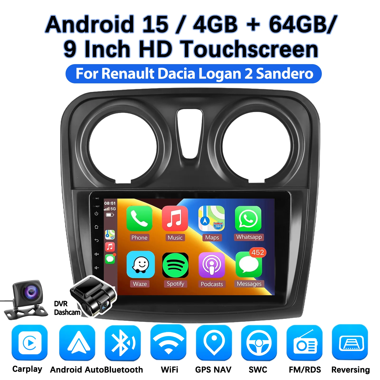 DAB+ Android 15 autoradio voor Renault Logan 2 2012 - 2019 Sandero 2 2014 - 2019 Multimedia Navigatie Carplay Head Unit 2 Din - afbeelding 1
