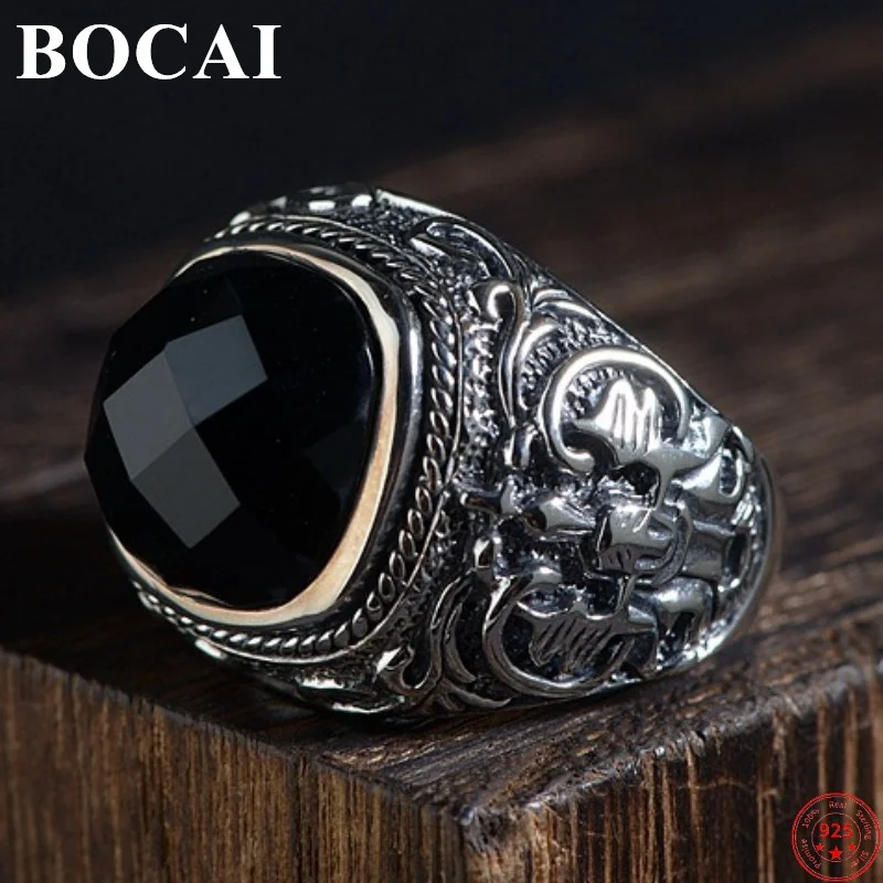 

BOCAI S925 Sterling Silver Rings for Men 2022 New Men's Fashion Tangent Plane Agate Adjustable Pure Argentum Viking Jewelry