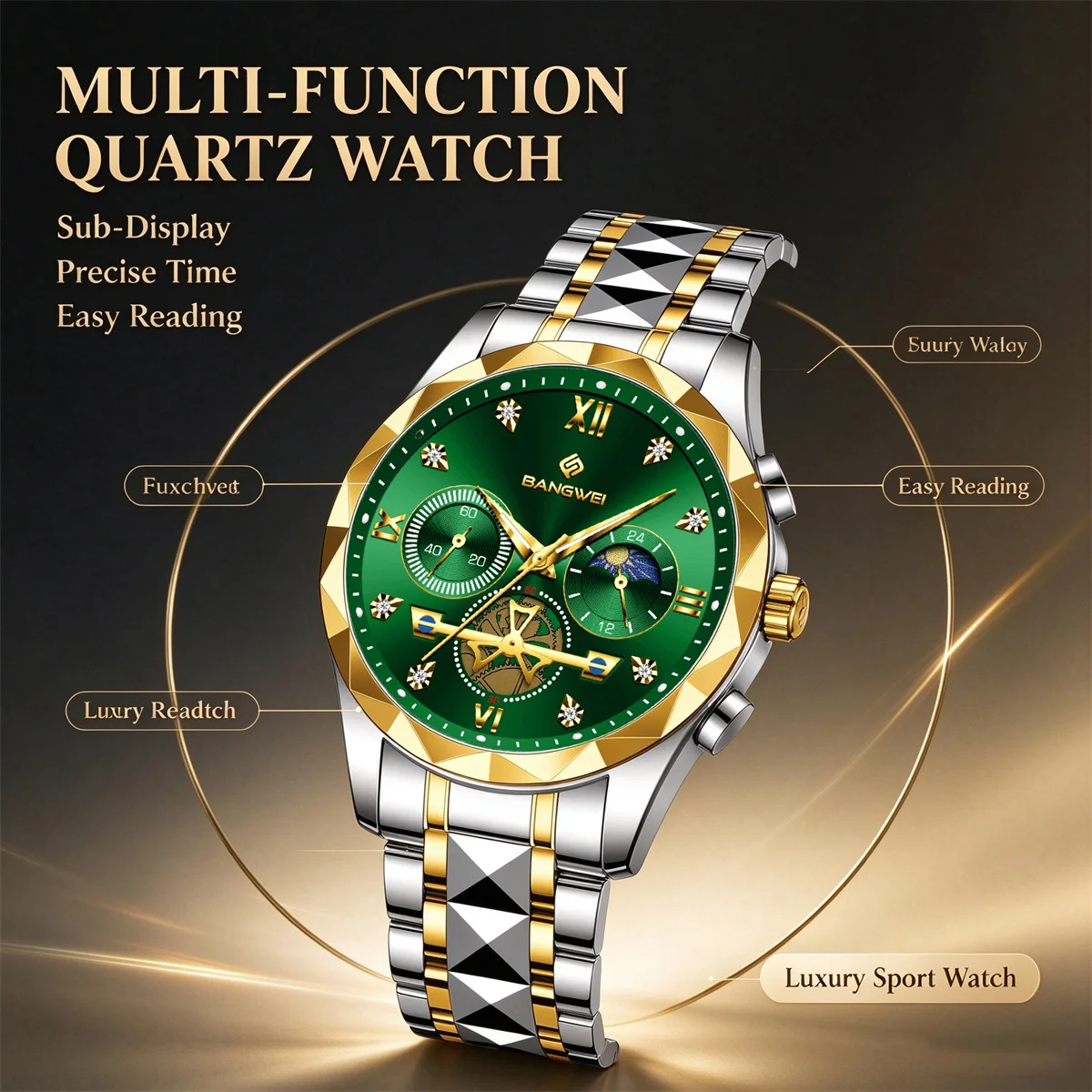 BANGWEI Top High Quality Man Wristwatch Stainless Steel Chronograph Business Men Watch Waterproof Luminous Quartz Men's Watches