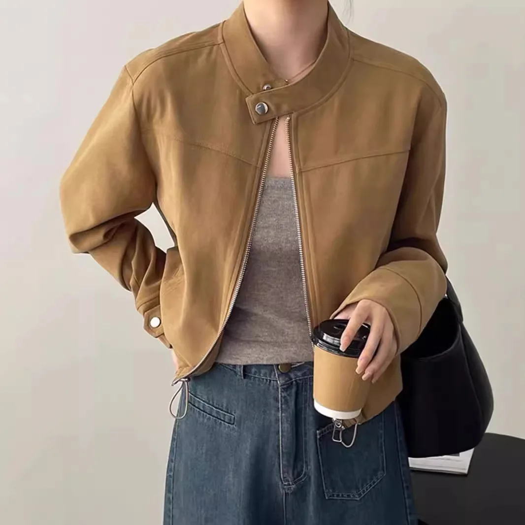 

2026 New Women's Faux Suede Jacket American Style Stand Collar Short Bomber Jacket Fashion Casual Moto Coat