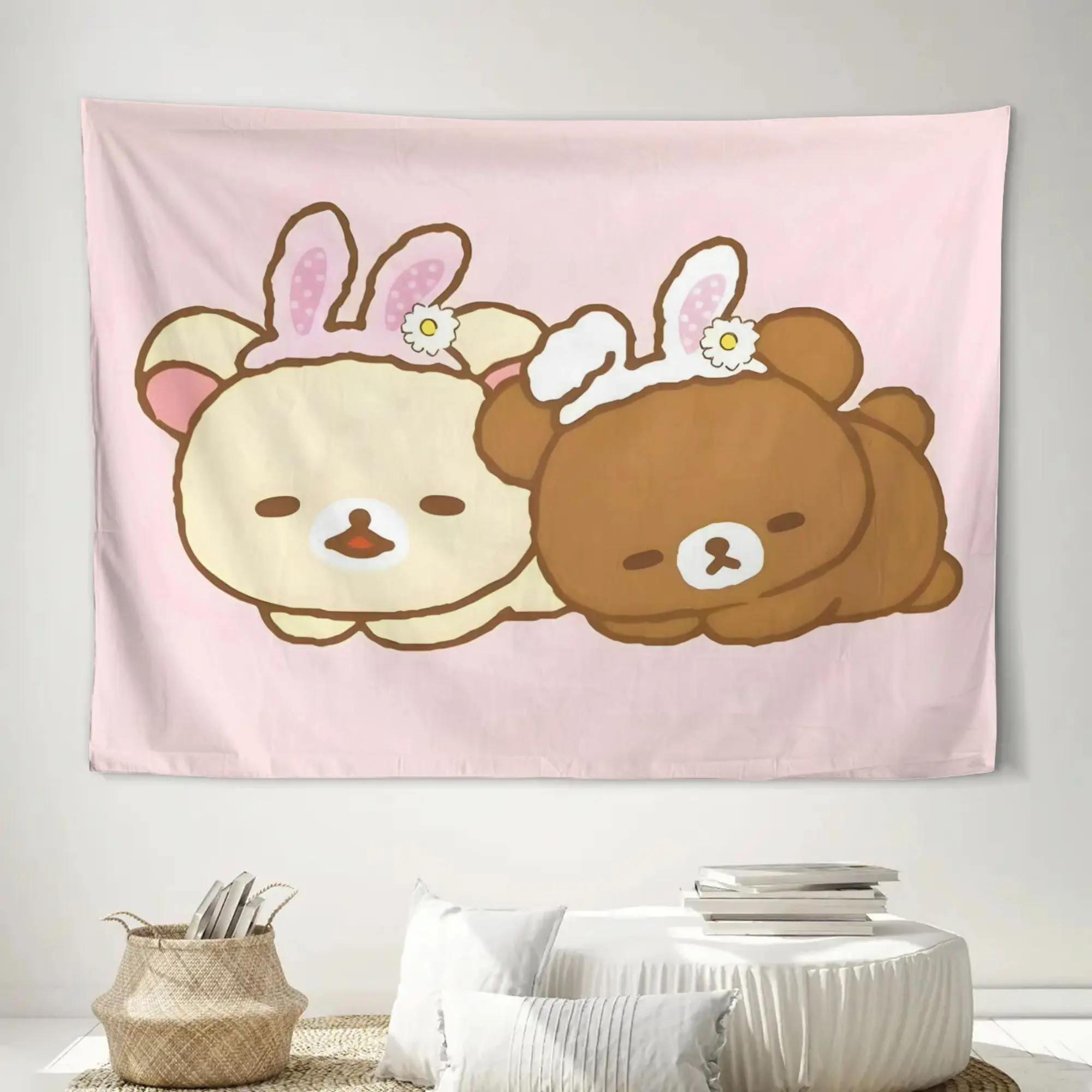 VIKAMA Wandteppich mit niedlichem Cartoon-Motiv, zwei Bären, flach bedruckt, Wanddekoration für Wohnzimmer und Schlafzimmer, Kinderzimmer, Spielzimmer, Wohnheim