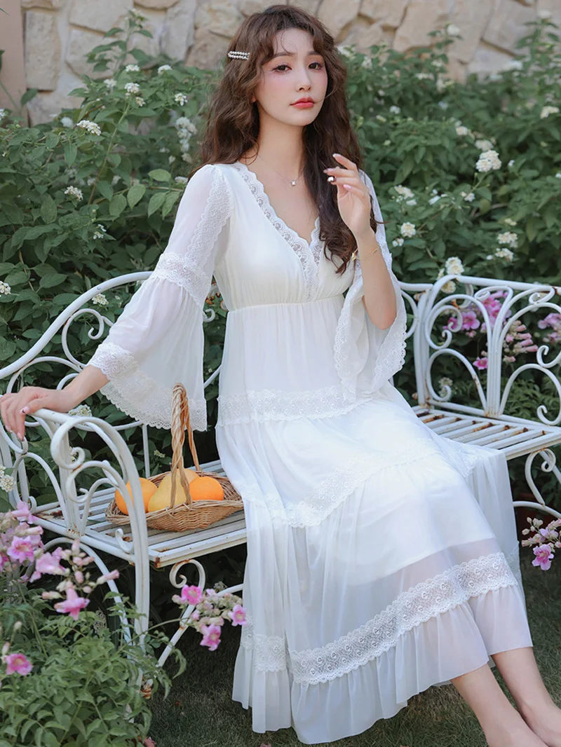 Women White Ruffles Flare Sleeve V-Neck Vintage Princess Nightgowns Pajama Nighty Dress French Gown Female Victorian Sleepwear